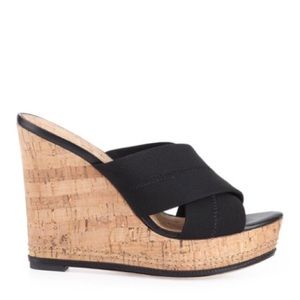 Donald pliner wedge heel sandal black cork Kaz
